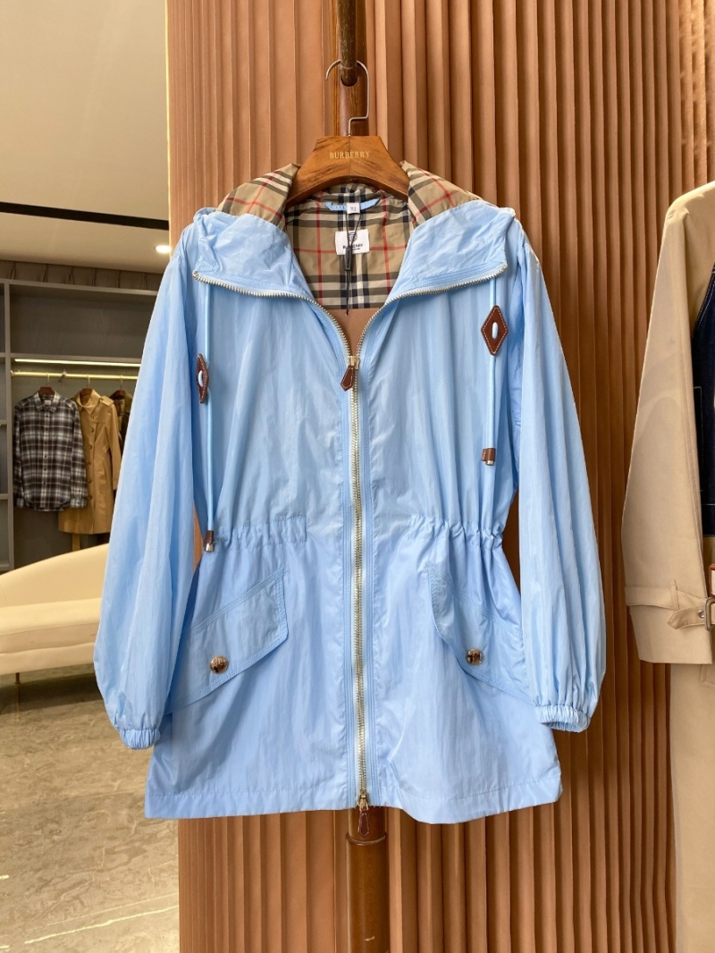 BURBERRY Cinched Recycled Polyester Hooded Blue Jacket with Casual Checkered Pattern