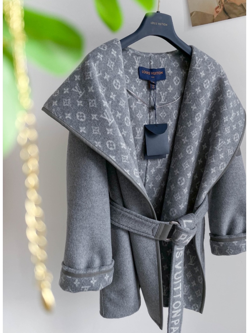 Louis Vuitton LV Classic Monogram Wool Hooded Coat - Double-sided Wear, Belted Monogram, Short Style Grey