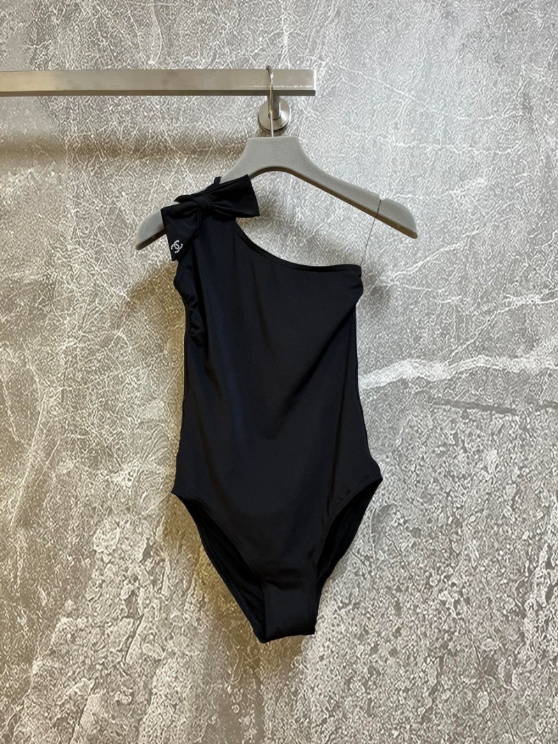 Chanel One-Shoulder Swimsuit with Bow Accent Black