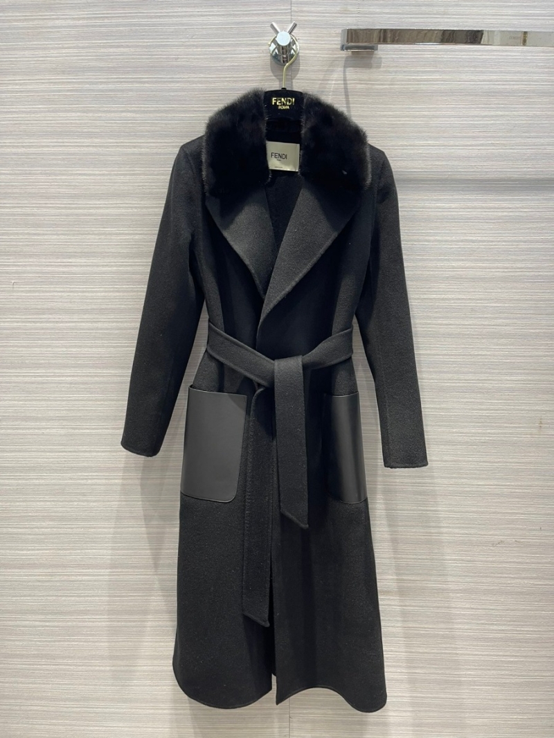 Fendi FF Classic Mink Fur Collar Wool Coat