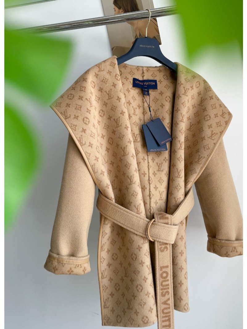 Louis Vuitton LV Classic Monogram Wool Hooded Coat - Double-sided Wear, Belted Monogram, Short Style Beige