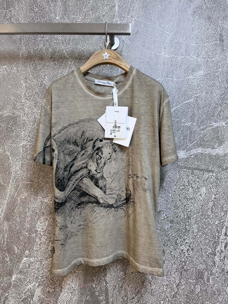 Dior Positioned Lion Graphic T-Shirt with Hand-Finished Distressing. Light Grey