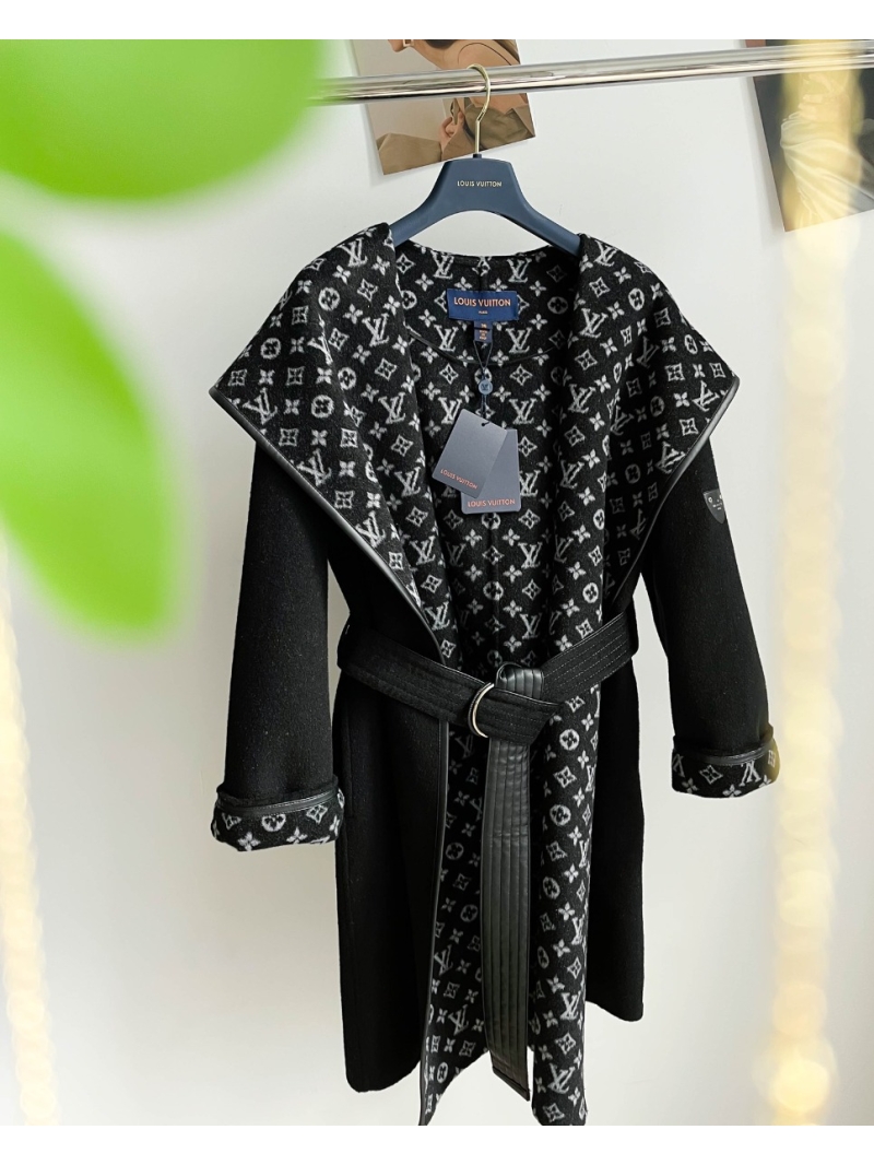 Louis Vuitton LV Classic Monogram Wool Hooded Coat  Dark Black
