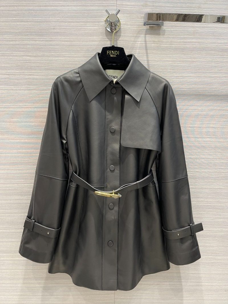 Fendi Elegant Long Leather Trench Coat with Waist Belt Black