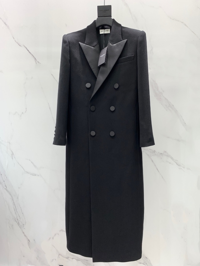 SAINT LAURENT YSL Long Wool Coat with Satin Lapels