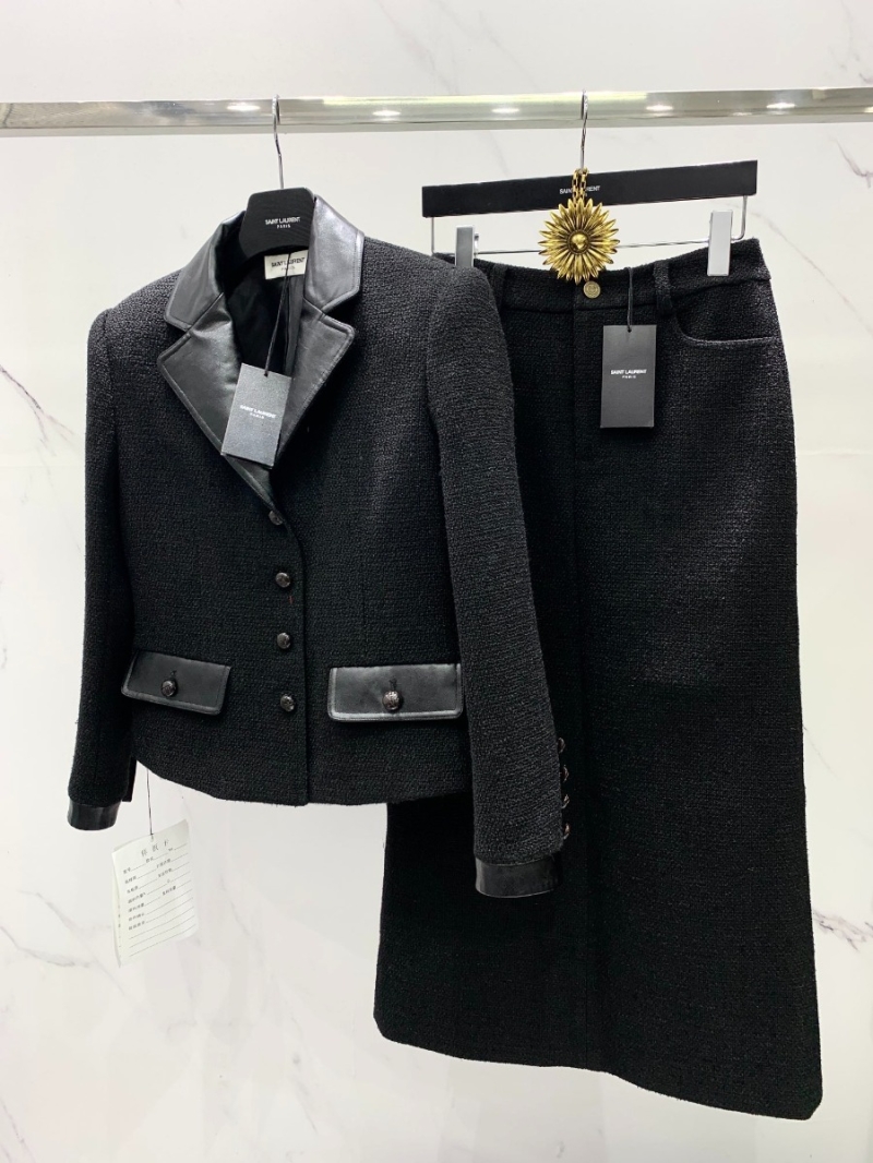 SAINT LAURENT Shiny Wool and Leather Suit Set: Coat Paired with Side-Slit Long Skirt