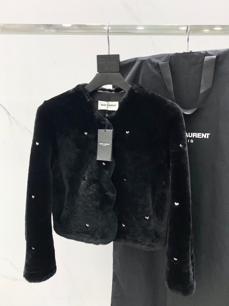 Saint Laurent YSL Heart Detail Merino Fur Jacket Black