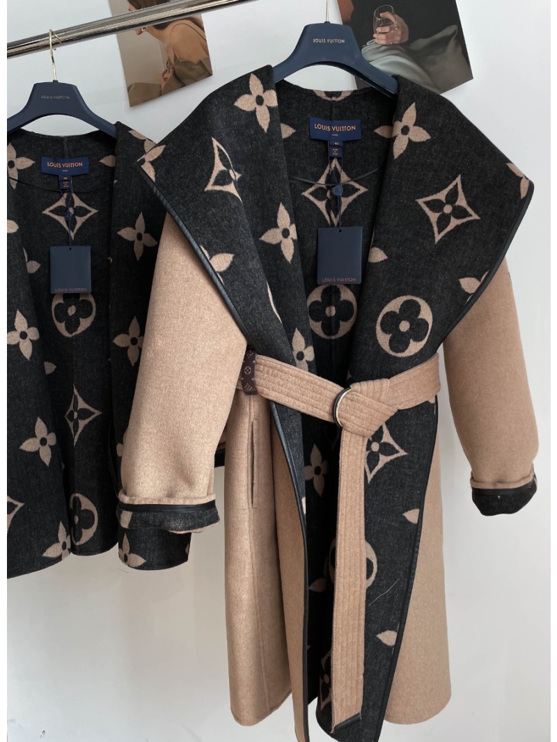 Louis Vuitton LV Classic Monogram Wool Hooded Coat  Black beige