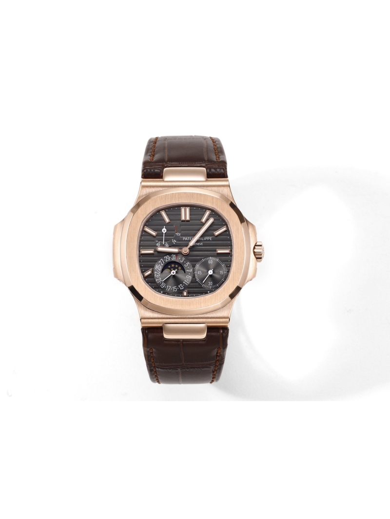 Patek Philippe 5712R - 001 Moon Phases - NAUTILUS Self-Winding Dark Brown Leather Strap Rose Gold Black Brown