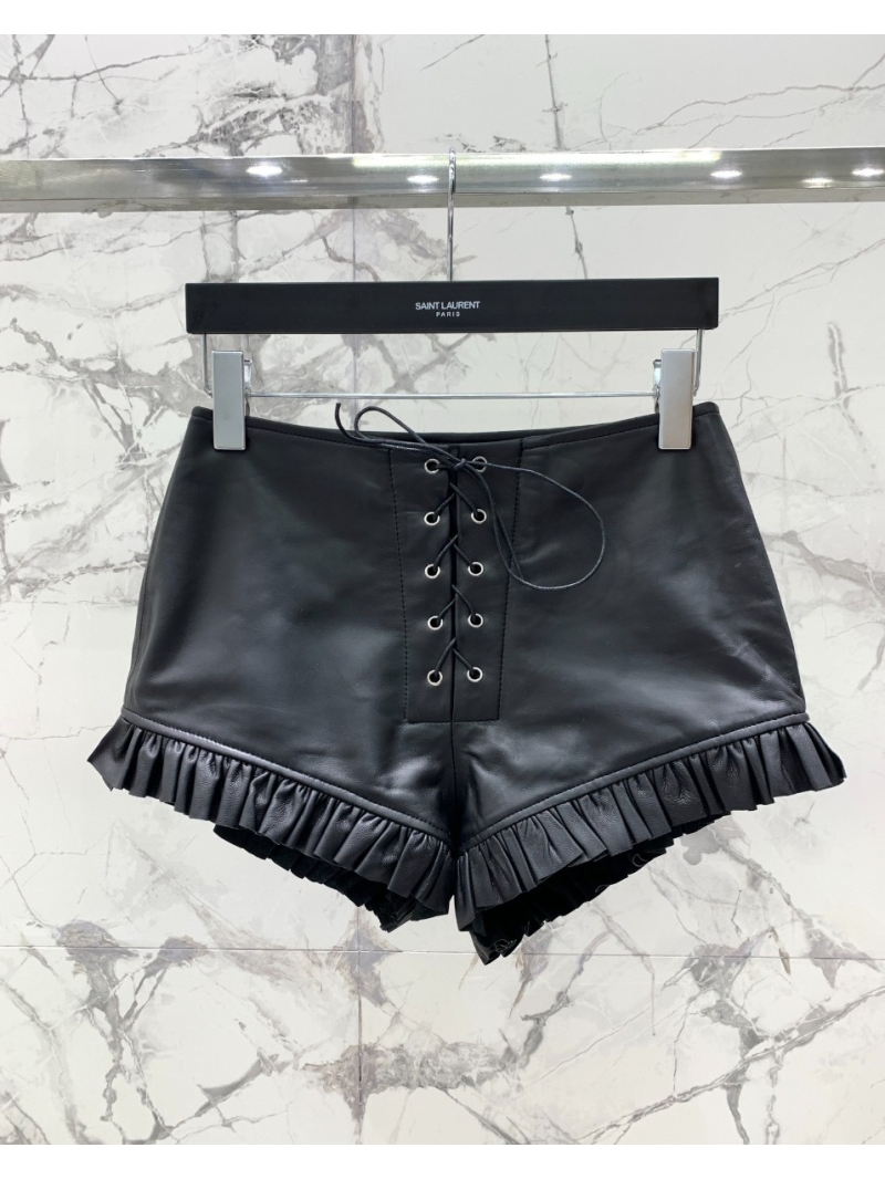 Saint Laurent Lace-Up Leather Shorts with Ruffle Trim