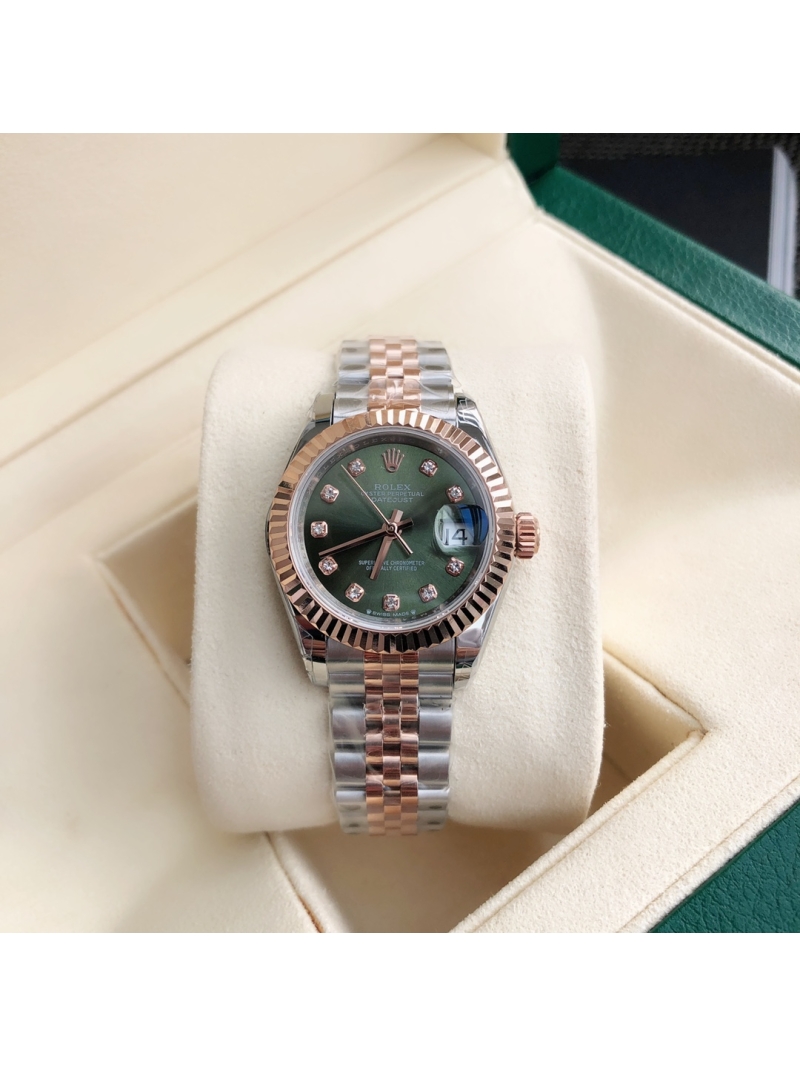 Rolex Women's Oyster Perpetual Datejust 28mm with Genuine Diamonds green Rose Gold