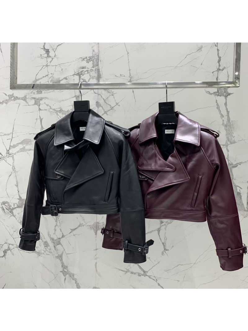 YSL Saint Laurent Cropped Trench In Shiny Lambskin Biker Jacket Black