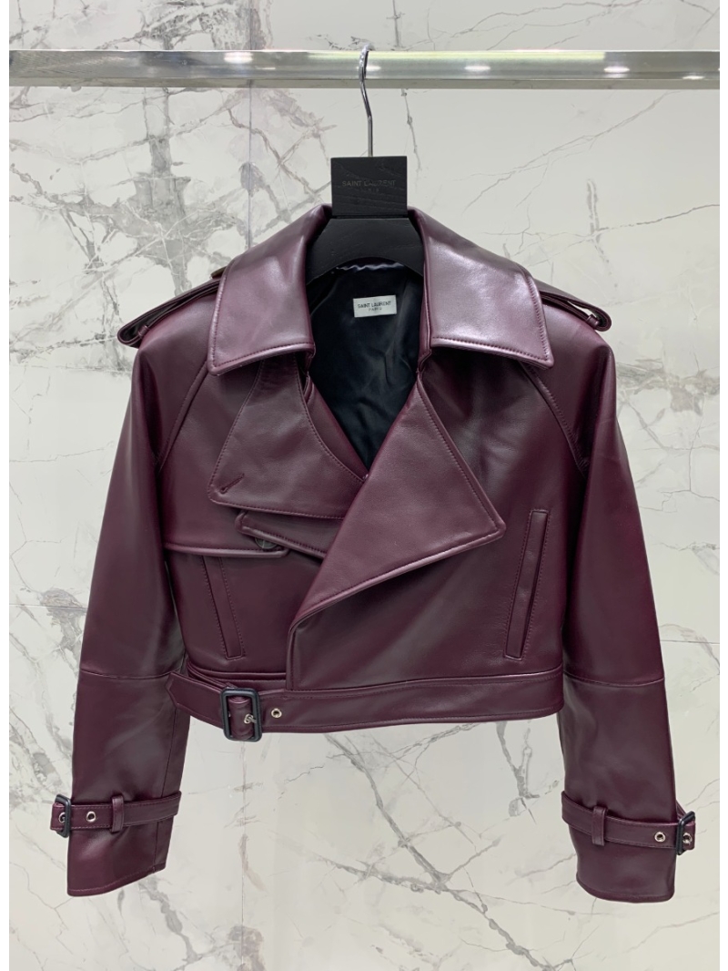 YSL Saint Laurent Cropped Trench In Shiny Lambskin Biker Jacket Burgundy