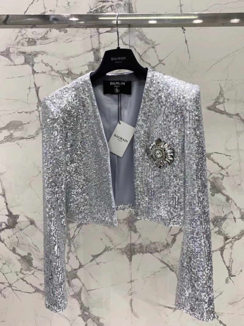 BALMAIN 2023 Sequined Cropped Jacket silver