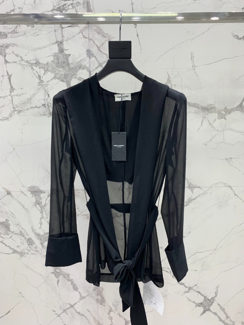 SAINT LAURENT 2023 New Collection Luxurious Sheer Crinkle Chiffon Shawl Jacket and Wide-Leg Pantss