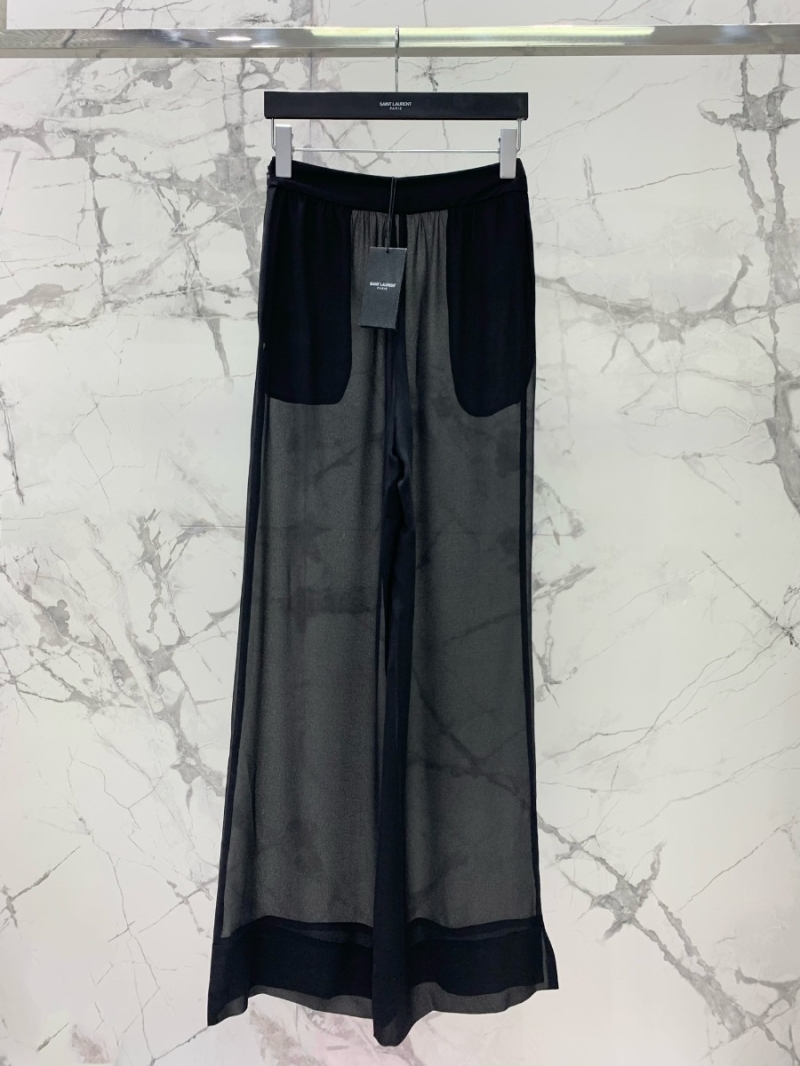 SAINT LAURENT 2023 New Collection Luxurious Crinkle Chiffon Suit with Sheer Shawl and Wide-Leg Pants
