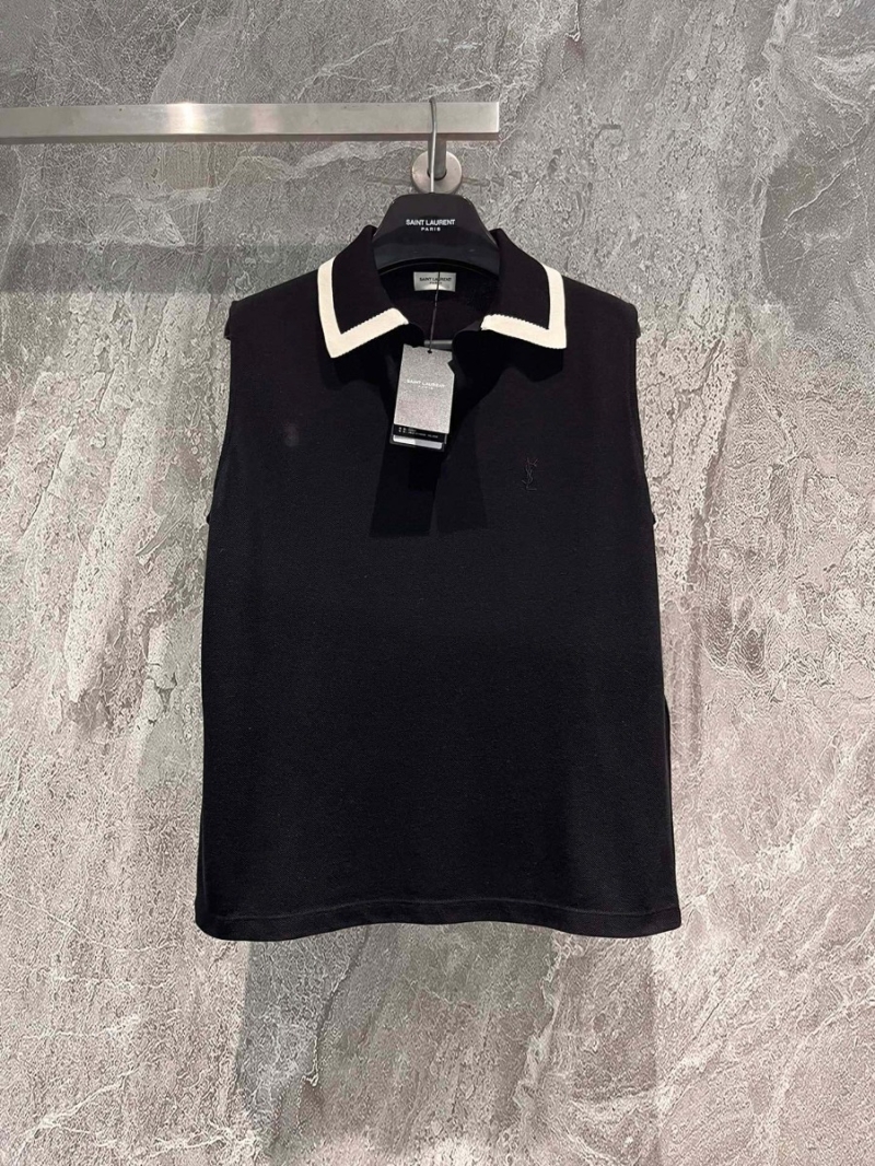 Saint Laurent Recycled Cotton Sleeveless Polo Shirt - Contrast-Collar Tank in Black/White