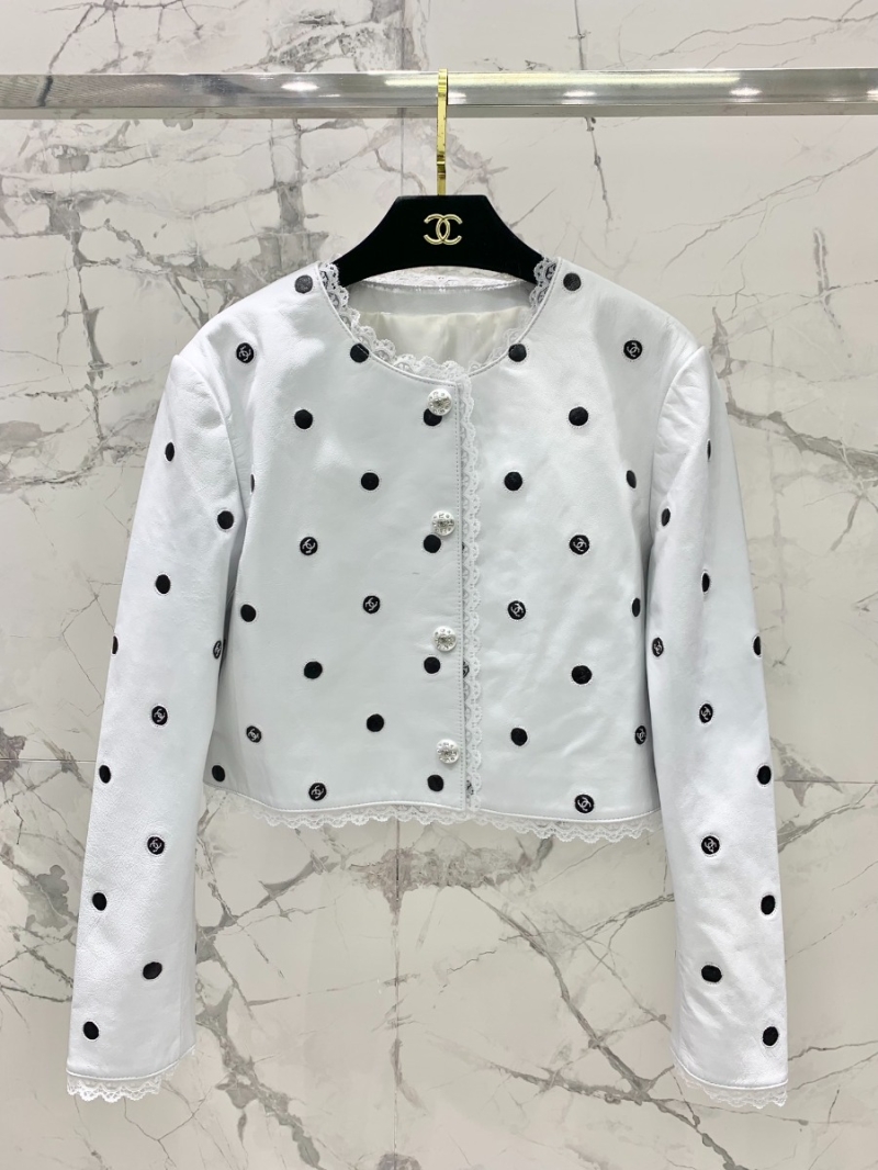 CHANEL 2023 Polka Dot Logo Leather Jacket white