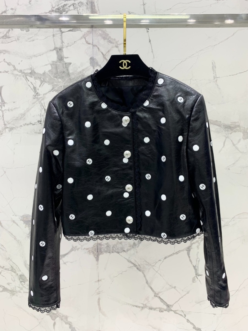 CHANEL 2023 Polka Dot Logo Leather Jacket black