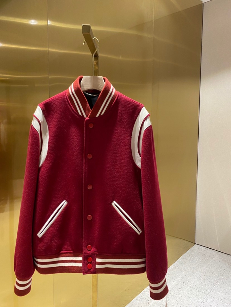 YSL Saint Laurent Paris Classic Wool Lambskin Baseball Jacket Burgundy
