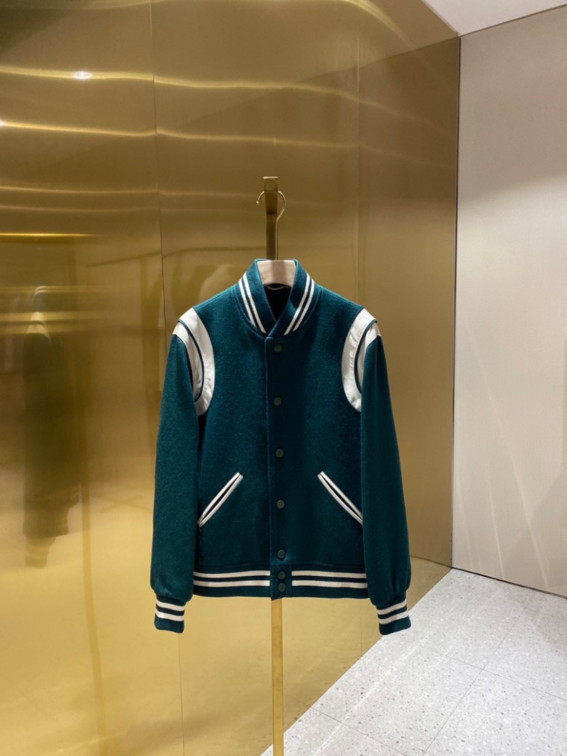 YSL Saint Laurent Paris Classic Wool Lambskin Baseball Jacket Dark Green