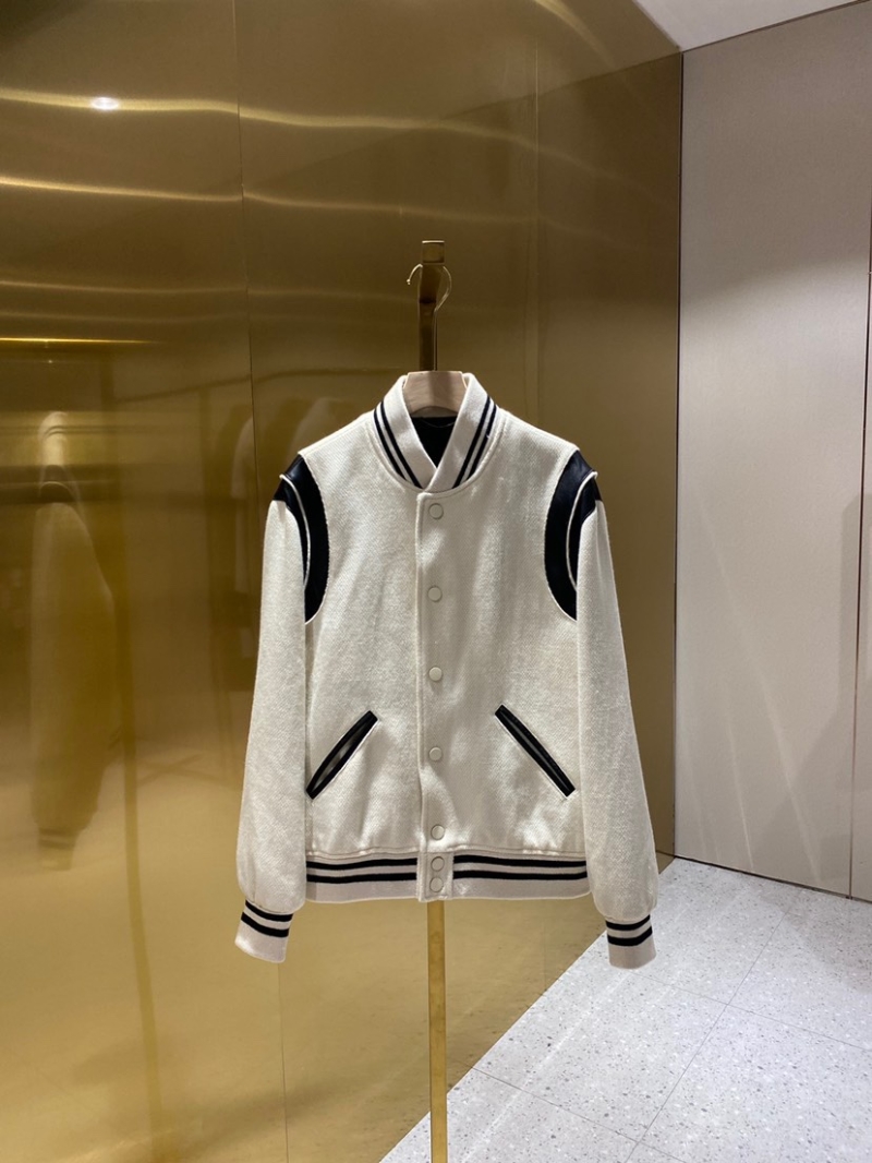 YSL Saint Laurent Paris Classic Wool Lambskin Baseball Jacket Beige