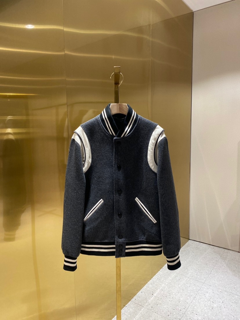 YSL Saint Laurent Paris Classic Wool Lambskin Baseball Jacket Gray