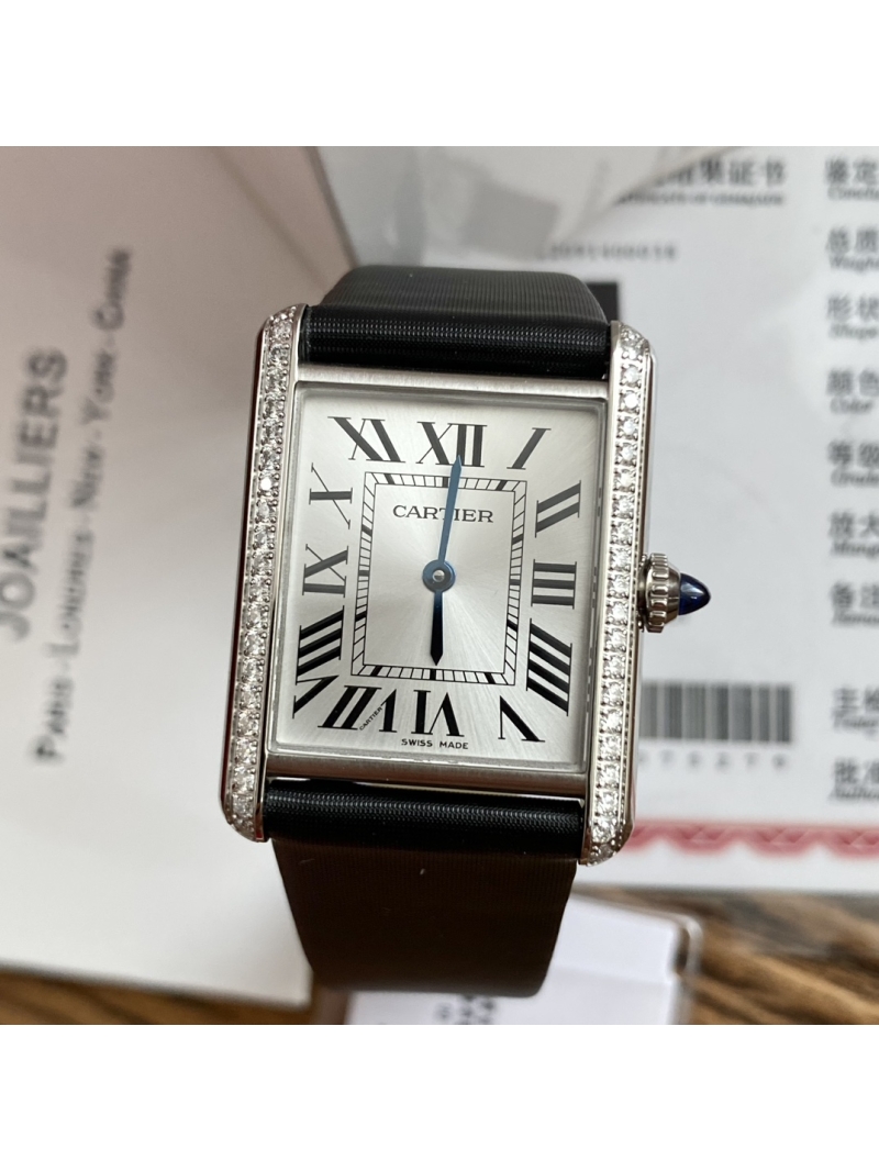 Cartier TANK MUST Watch Real Diamonds Large Model Quartz W4TA0017 brushed calfskin strap Silvered