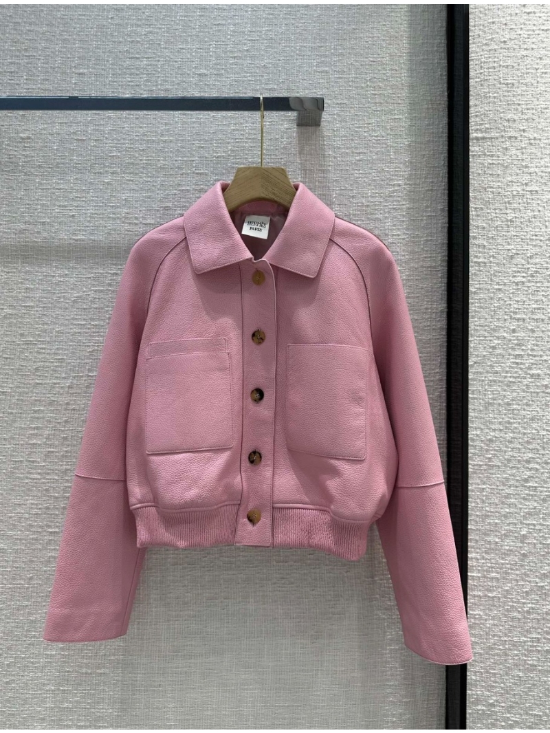 Hermes Top-Grade Lychee-Patterned Pink Lamb Leather Jacket