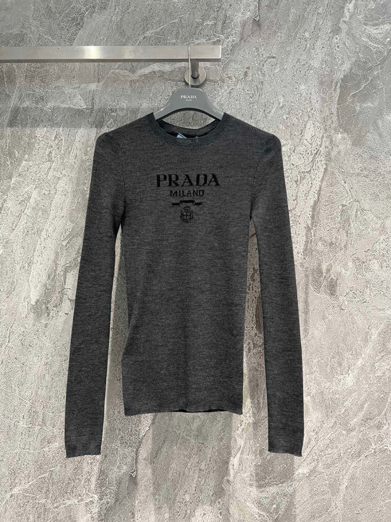 Prada Grey Wool Round Neck Long Sleeve Knit Top Grey