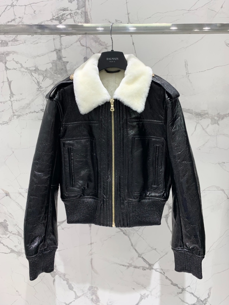 BALMAIN 2023 New Patent Leather and Fur Combo Jacket