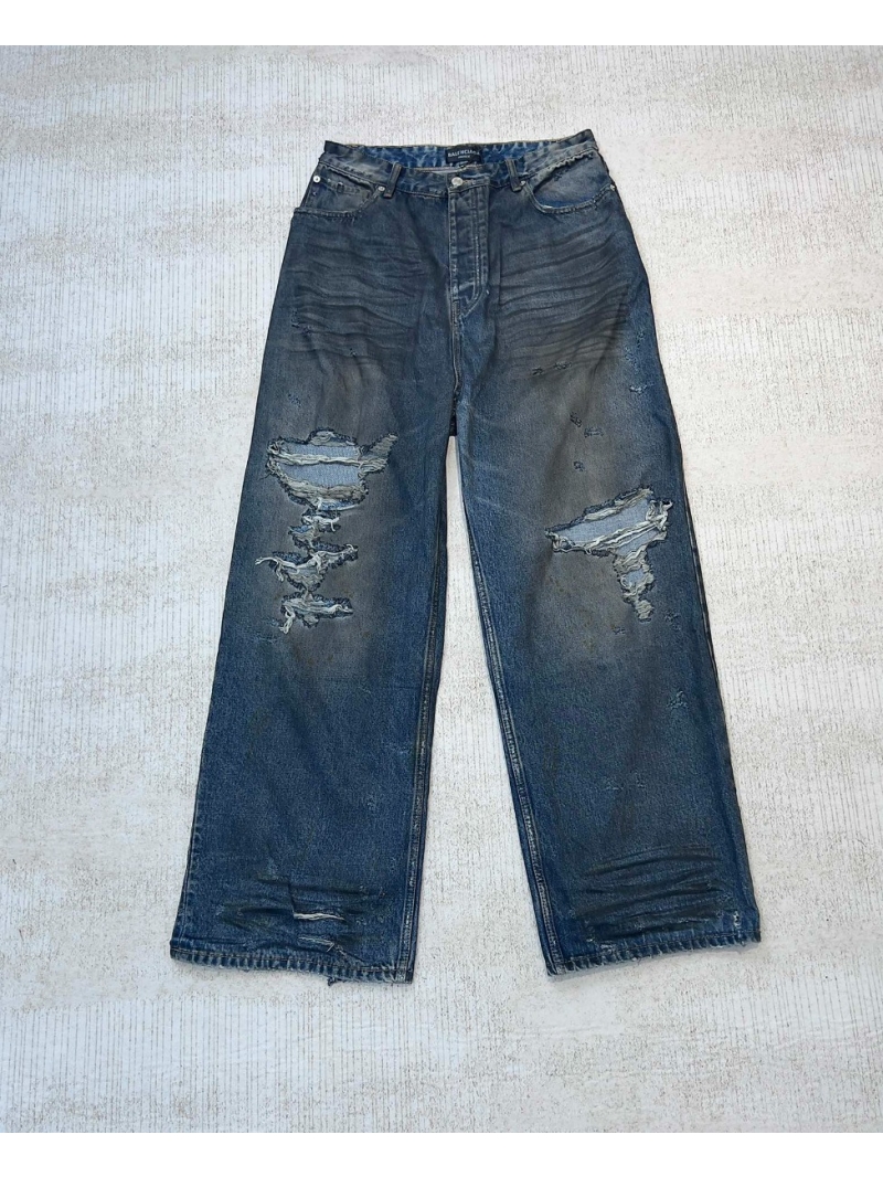 Balenciaga Destroyed Mud-Dyed Denim Baggy Jeans