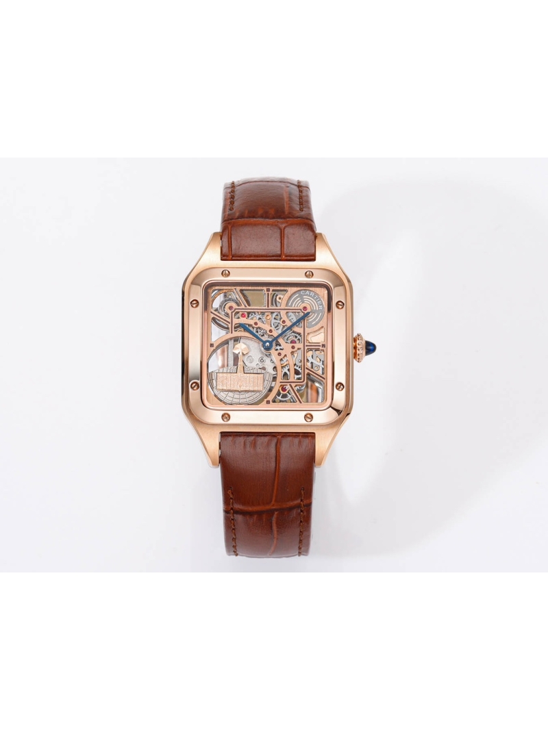 Cartier Santos-Dumont Skeleton Micro-Rotor 31mm Watch 9629 MC Automatic Rose Gold with Burgundy Leather