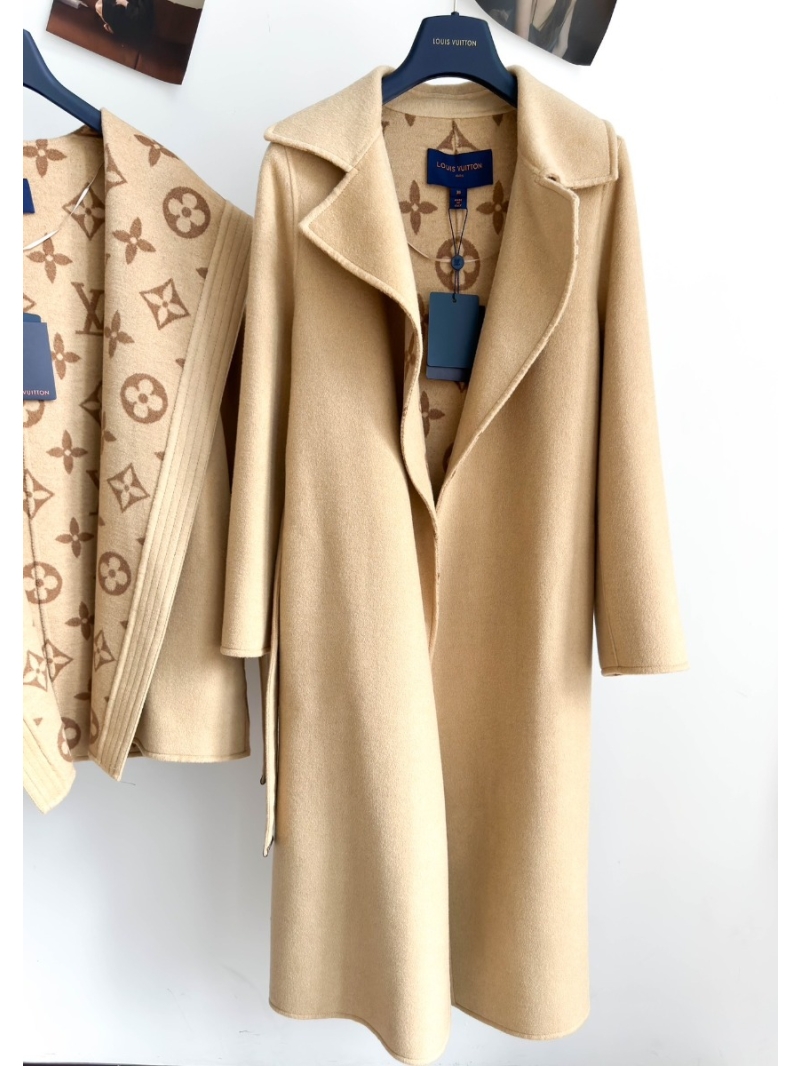 Louis Vuitton Classic Monogram Wool Hooded Long Coat Beige