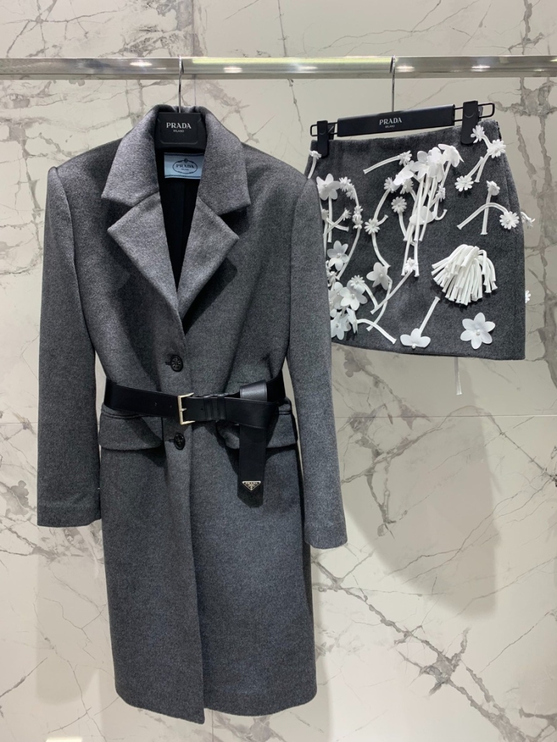 PRADA Space Grey Wool Coat with Detachable Hood and Leather Belt