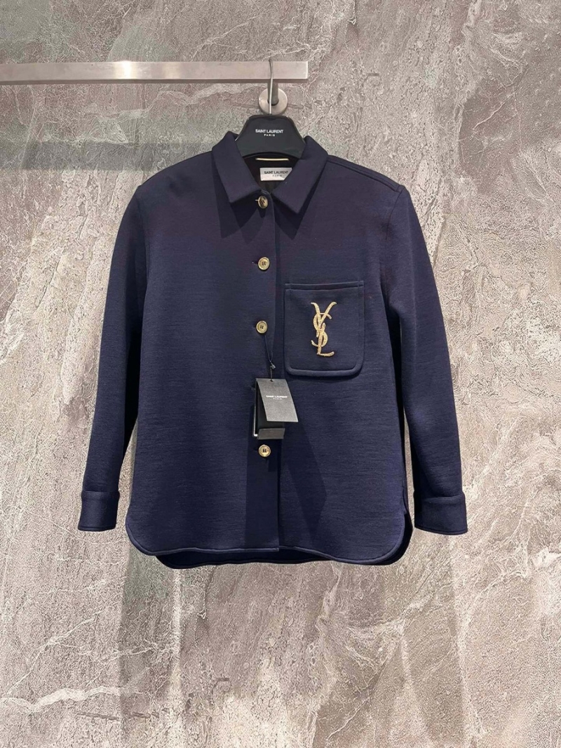 Saint Laurent YSL Blue Coat with Gold Indian Silk Embroidery
