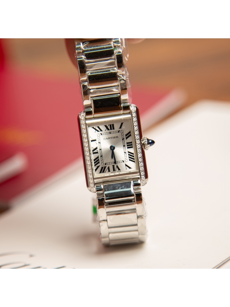 Cartier TANK MUST Watch Real Diamonds Small Model Quartz W4TA0016 Steel Silvered