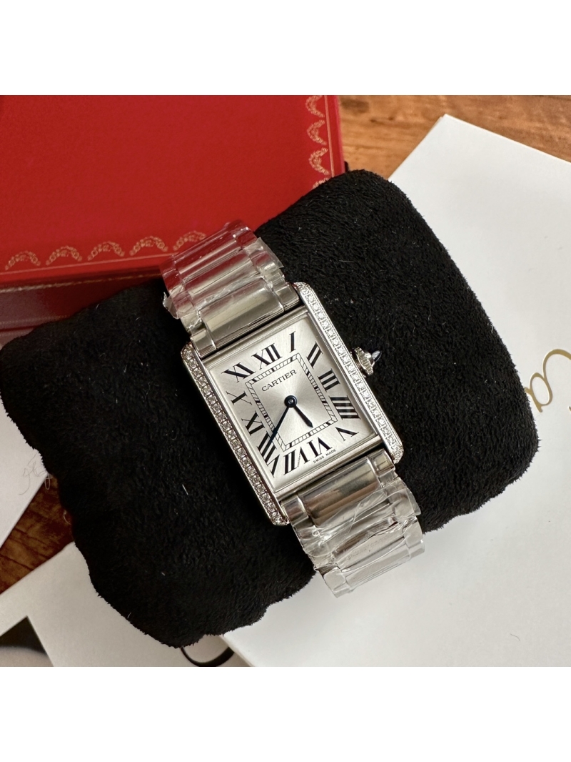 Cartier TANK MUST Watch Real Diamonds Large Model Quartz W4TA0017 Steel Silvered