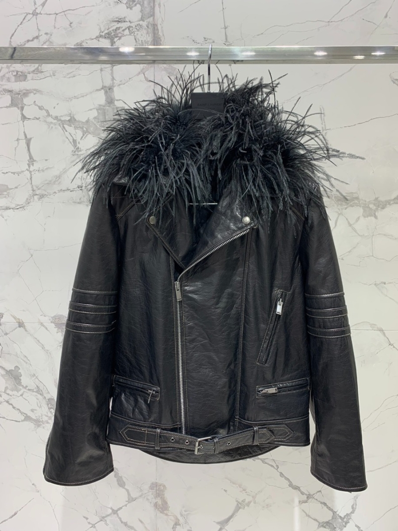 SAINT LAURENT YSL Ostrich Feather Collar Leather Biker Jacket