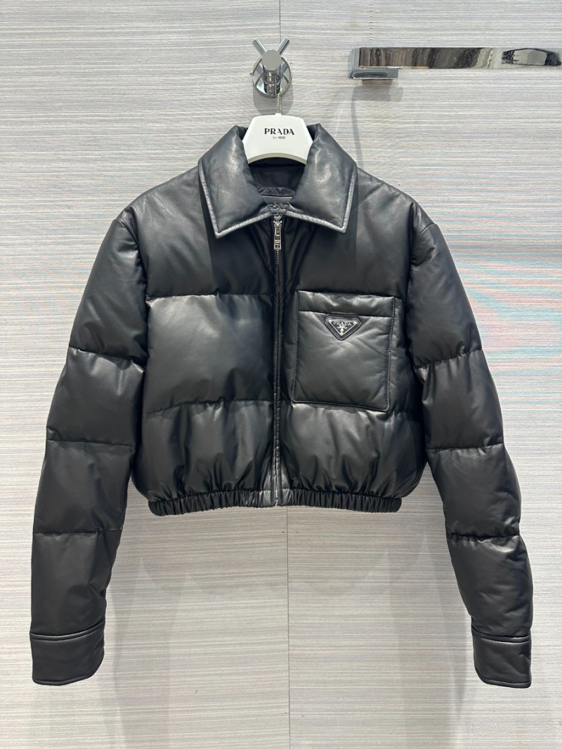 Prada 23 Autumn/Winter Genuine Lamb Leather Quilted Down Jacket Black