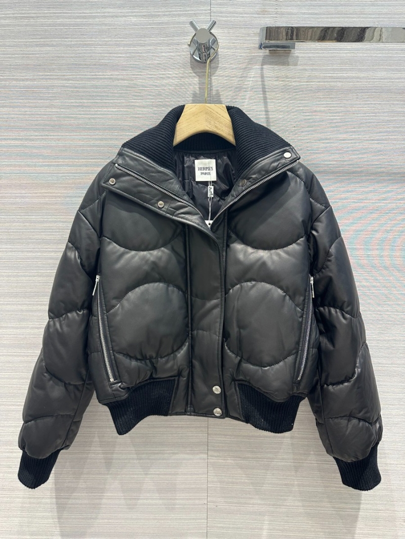 Hermes Imported Lambskin Leather Down Jacket with Wool Turtleneck Black
