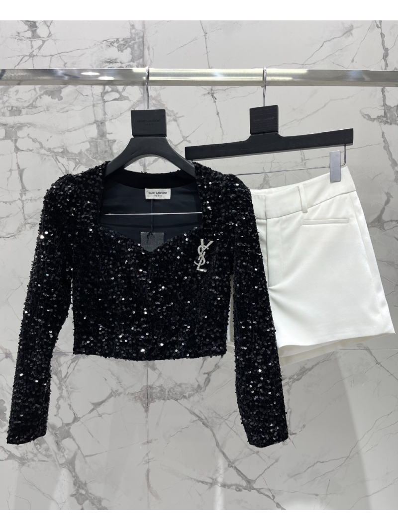 SAINT LAURENT 2023 Vintage Collection Custom Heavy Embroidered Sequin Top black