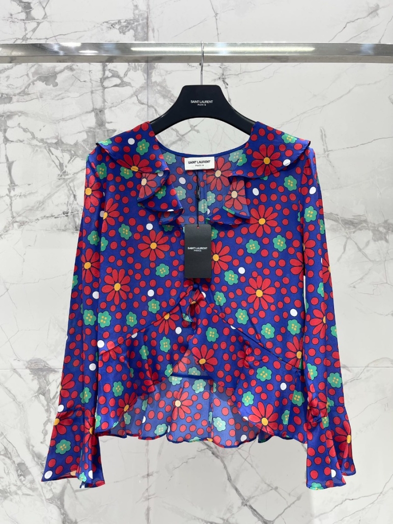 SAINT LAURENT Pop Art Floral Silk Blouse in Tiffany Green and Red