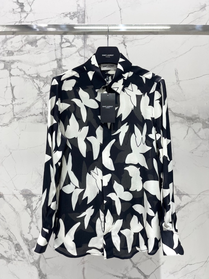 SAINT LAURENT Early Spring 2024 Silk Blouse in Black and White Print