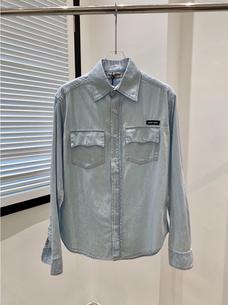 Miu Miu 2024 New Collection Embroidered Letter Patch Light Blue Denim Shirt