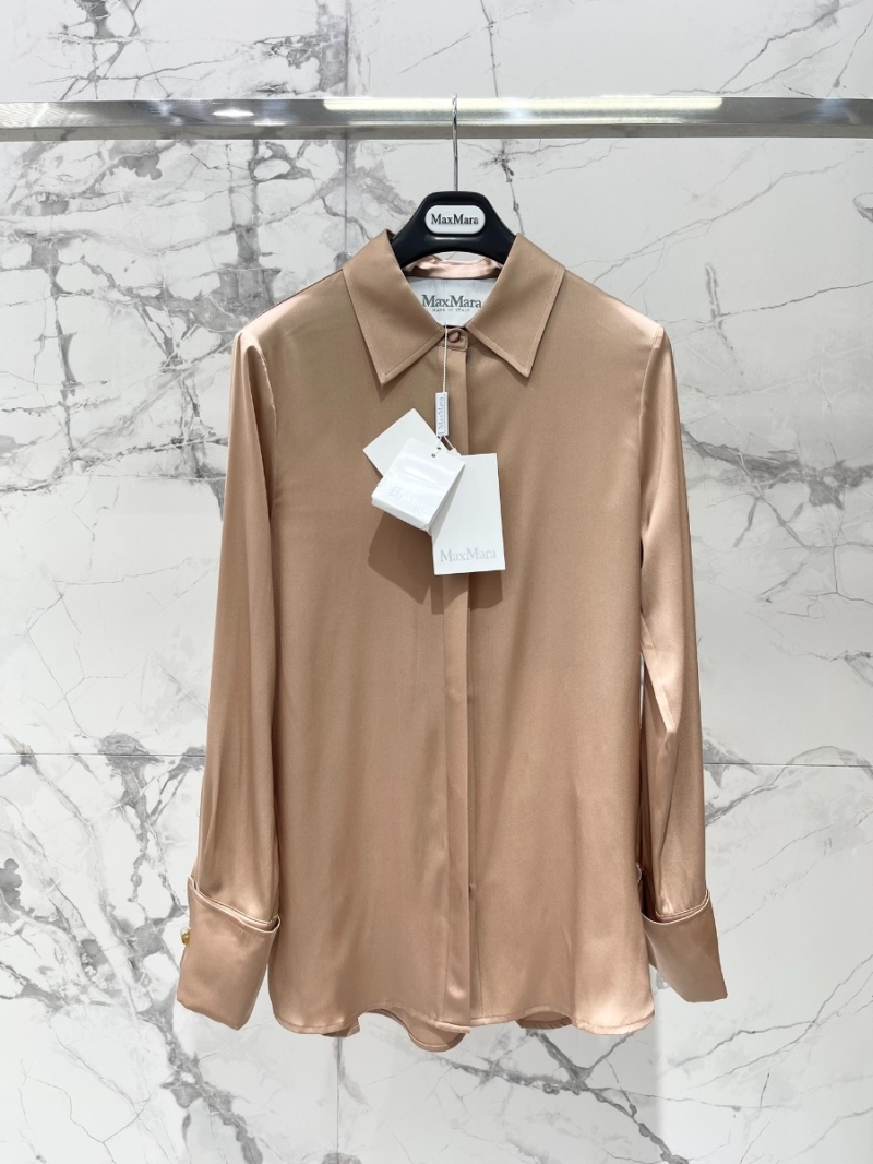 MAXMARA SS24 Pure Color Long-Sleeve Mulberry Silk Shirt Beige