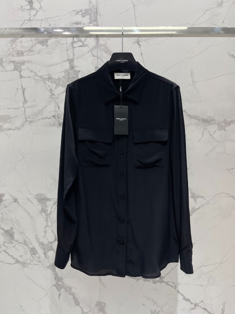 SAINT LAURENT 2024 Spring/Summer Double-Pocket Double Crêpe Silk Shirt Black