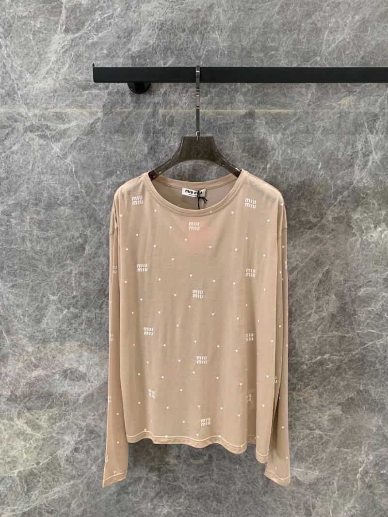 Miu Miu 25SS Spring/Summer New Collection Lightweight Logo Polka Dot Print Sunscreen Long Sleeve T-Shirt - Beige