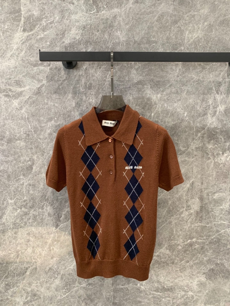 Miu Miu Argyle Polo Cashmere Knit Short Sleeve Shirt