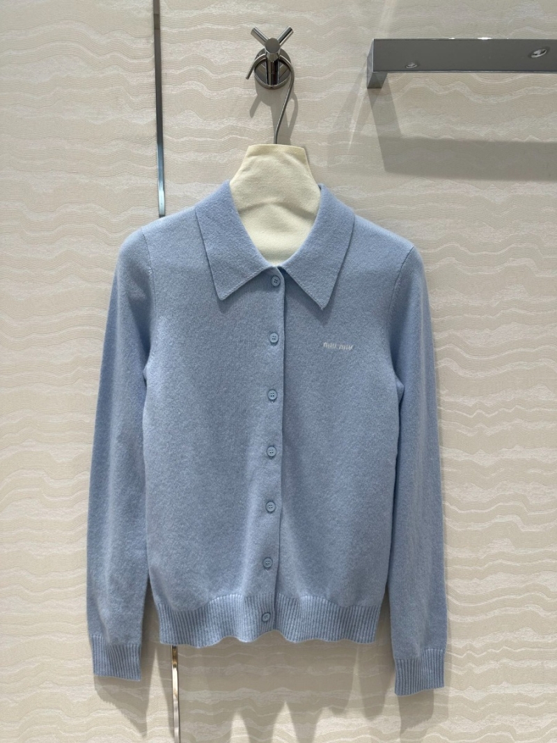 Miu Miu Logo Cashmere Collar Cardigan Blue